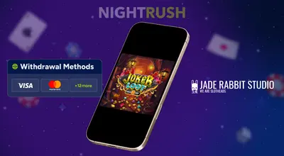 Joker Loot on a phone with a withdrawal methods button and Casino bonuses, and the Jade Rabbit logo.