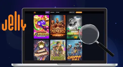 Jelly Entertainment slots on a laptop with a magnifying glass and brand logo on a starry background.
