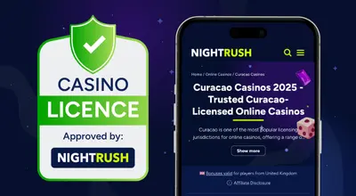 Online casino licence next to a phone displaying Curacao Casinos 2025.