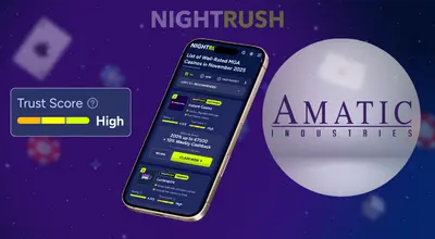 Smartphone showing a list of MGA casinos next to the Amatic Industries logo and a High Trust Score graphic.
