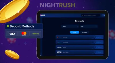 Tablet screen showing a list of deposit methods like Mastercard and Revolut on a casino site.