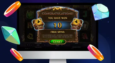 Laptop shows Book Of Lucky Jack Baba Yaga Tales Slot free spins banner.