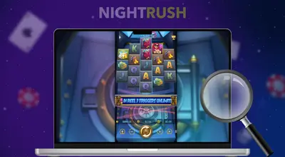 Heist Stakes gameplay on a laptop with a magnifying glass against a purple background.