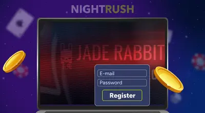 Jade Rabbit banner on a laptop with two coins and a register button against a starry background.