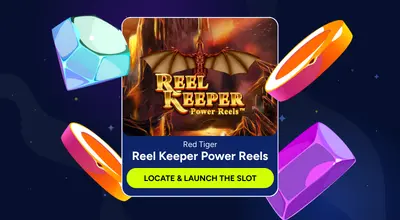 Infographic shows Reel Keeper Power Reels logo, button says Locate & Launch the Slot.
