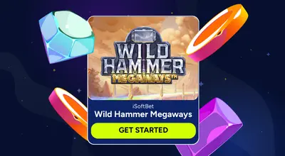 Banner shows Wild Hammer Megaways Slot logo with a Get Started button.