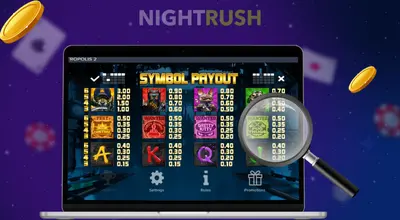 Netropolis 2’s payout on a laptop with coins and a magnifying glass on a dark background.