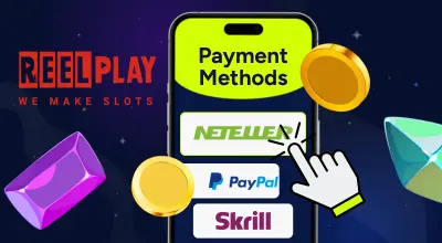 Phone showing payment methods, ReelPlay logo.