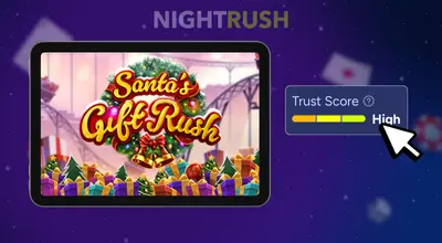 Santa's Gift Rush slot on a tablet with a trust score and a cursor against a dark background.