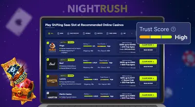 Shifting Seas casinos on a laptop with a trust score against a dark background.