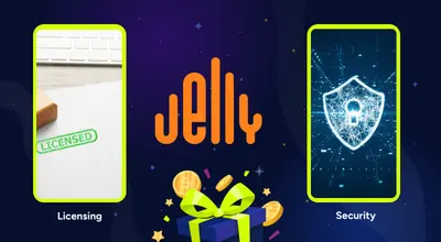 A gift box, licensing, security, and the Jelly Entertainment logo on a starry background.