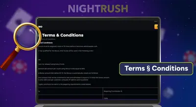A magnifying glass over a laptop screen displaying a casino's Terms & Conditions page.