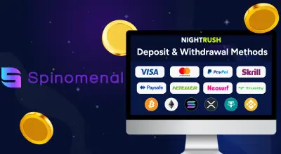 Laptop showing available payment methods, Spinomenal logo.