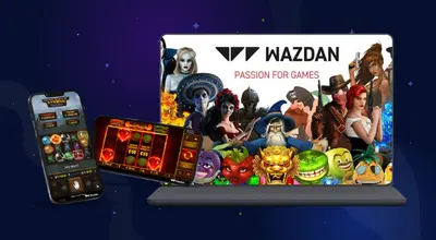 Laptop, mobile phone and tablet showing Wazdan games.