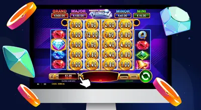 Laptop shows Immortal Ways Diamonds Slot gameplay & cursor on + betting amount.
