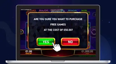 Laptop shows Immortal Ways Diamonds Slot bonus pop up& cursor on yes.