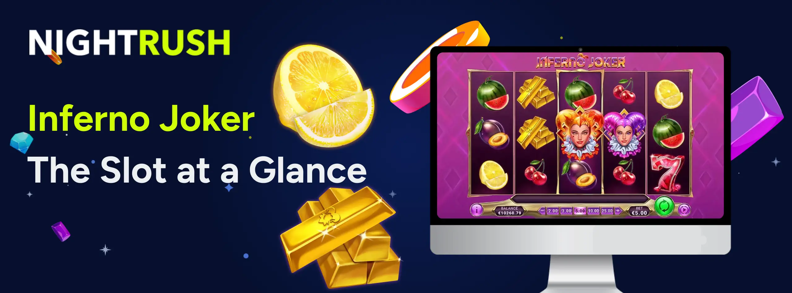 Laptop screen displaying Inferno Joker slot reels with gold bars and lemon graphics in the foreground.