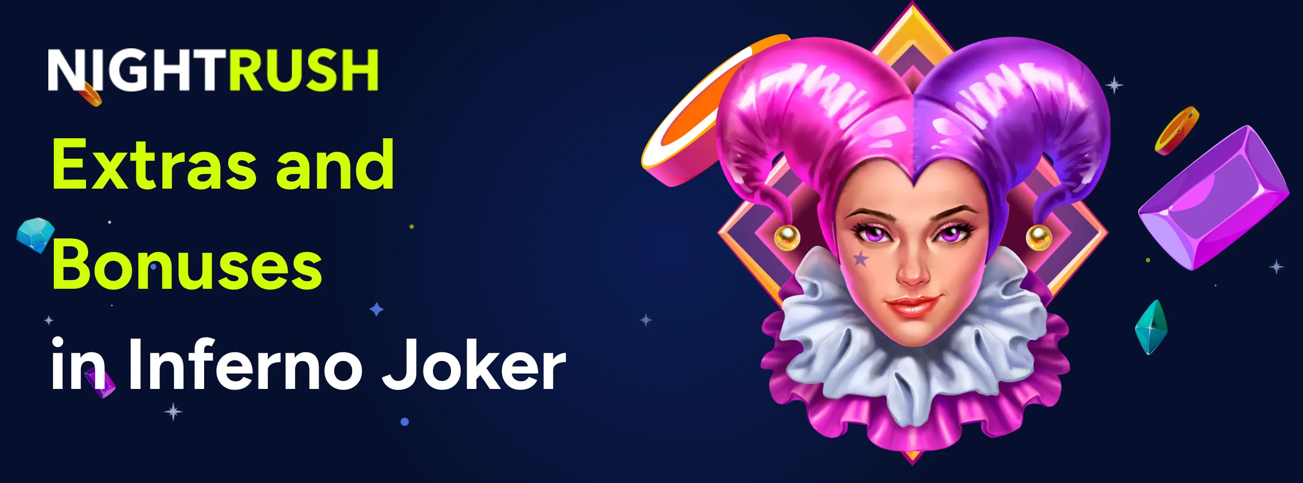 Graphic of a female joker with purple and pink hair next to text about Inferno Joker bonuses.