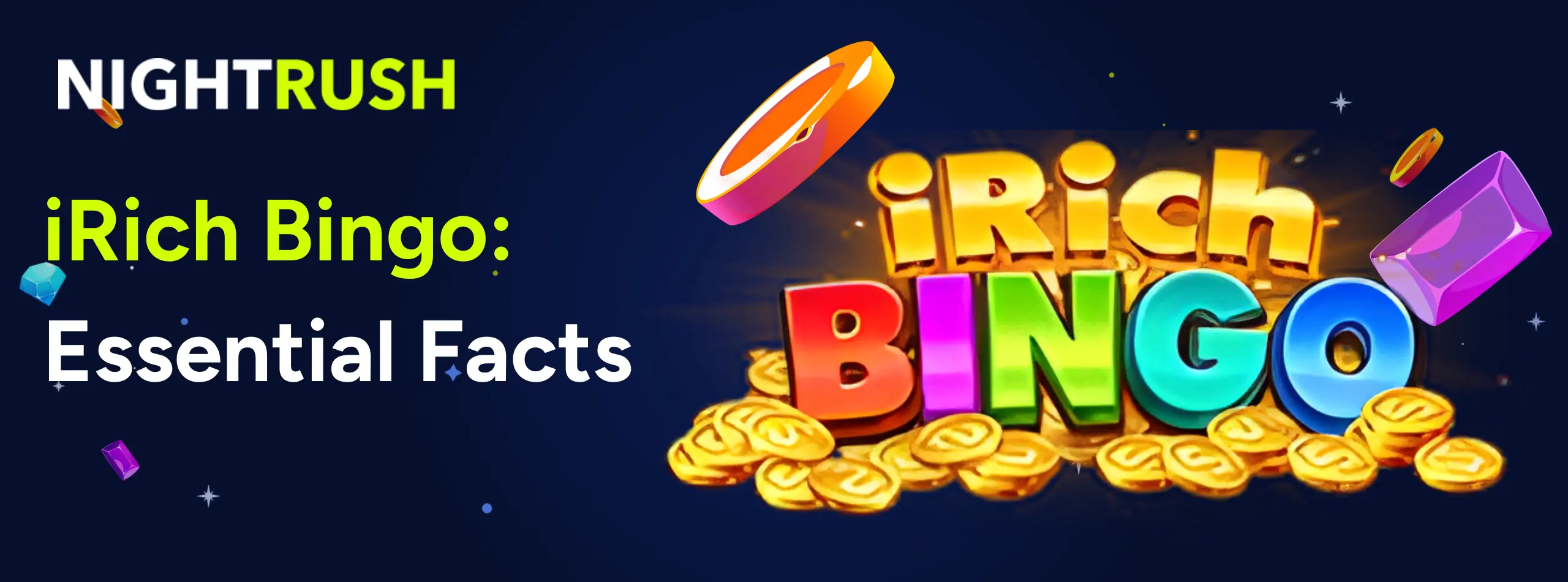 Promotional banner featuring the colorful iRich Bingo logo sitting atop a large pile of gold coins.