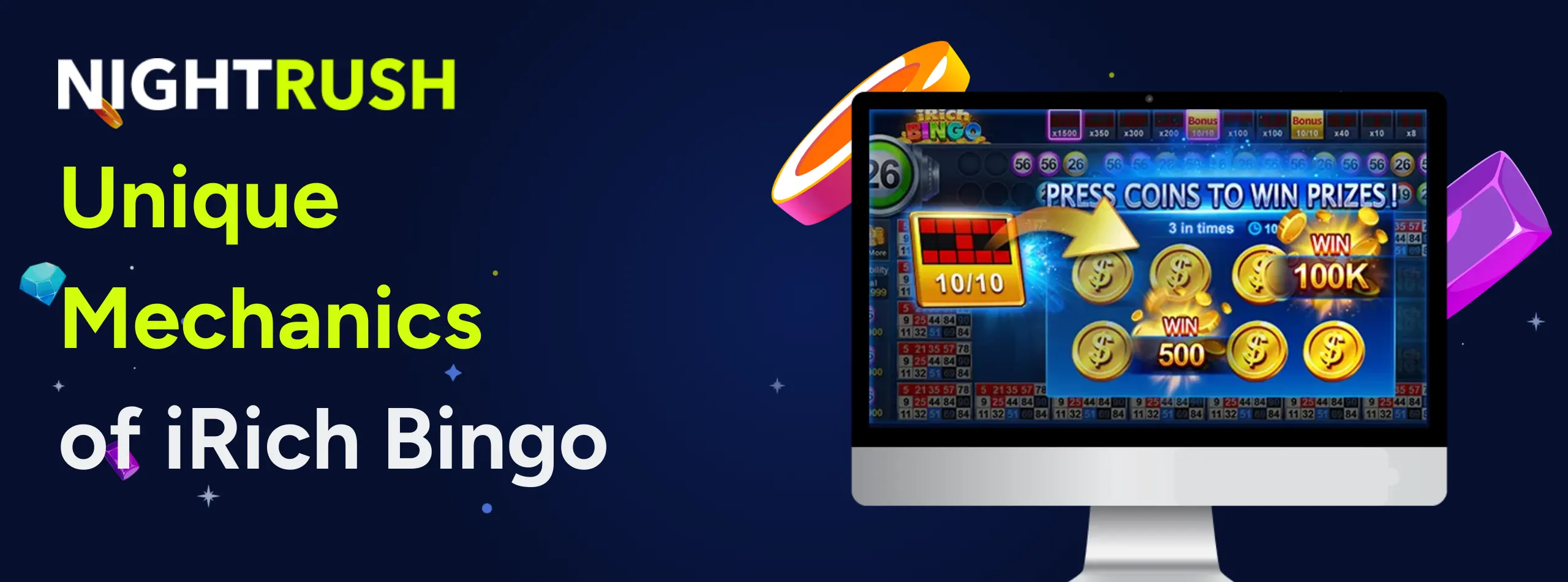 Desktop monitor displaying the iRich Bingo game interface.