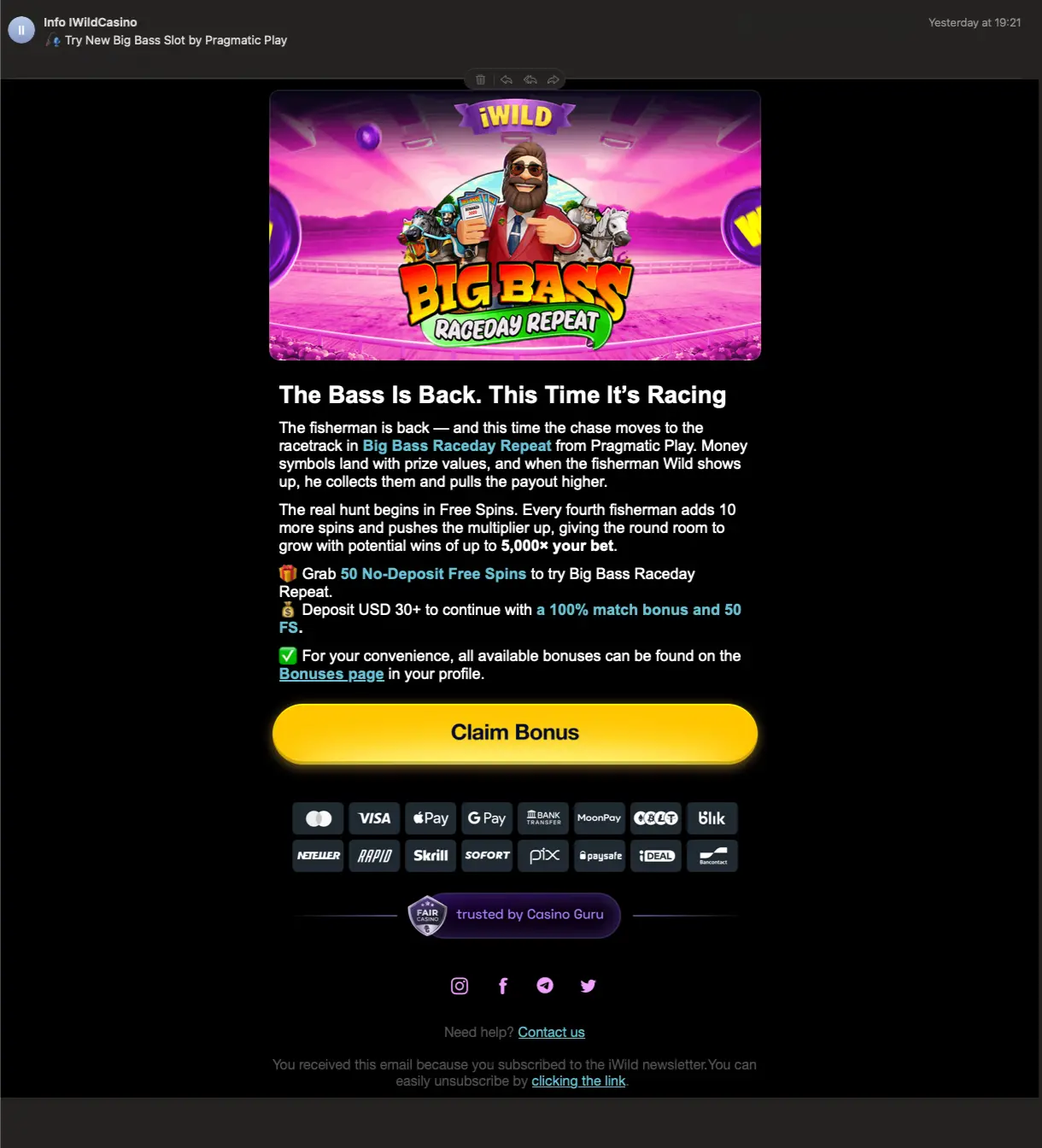 iWild casino bonus mail screen