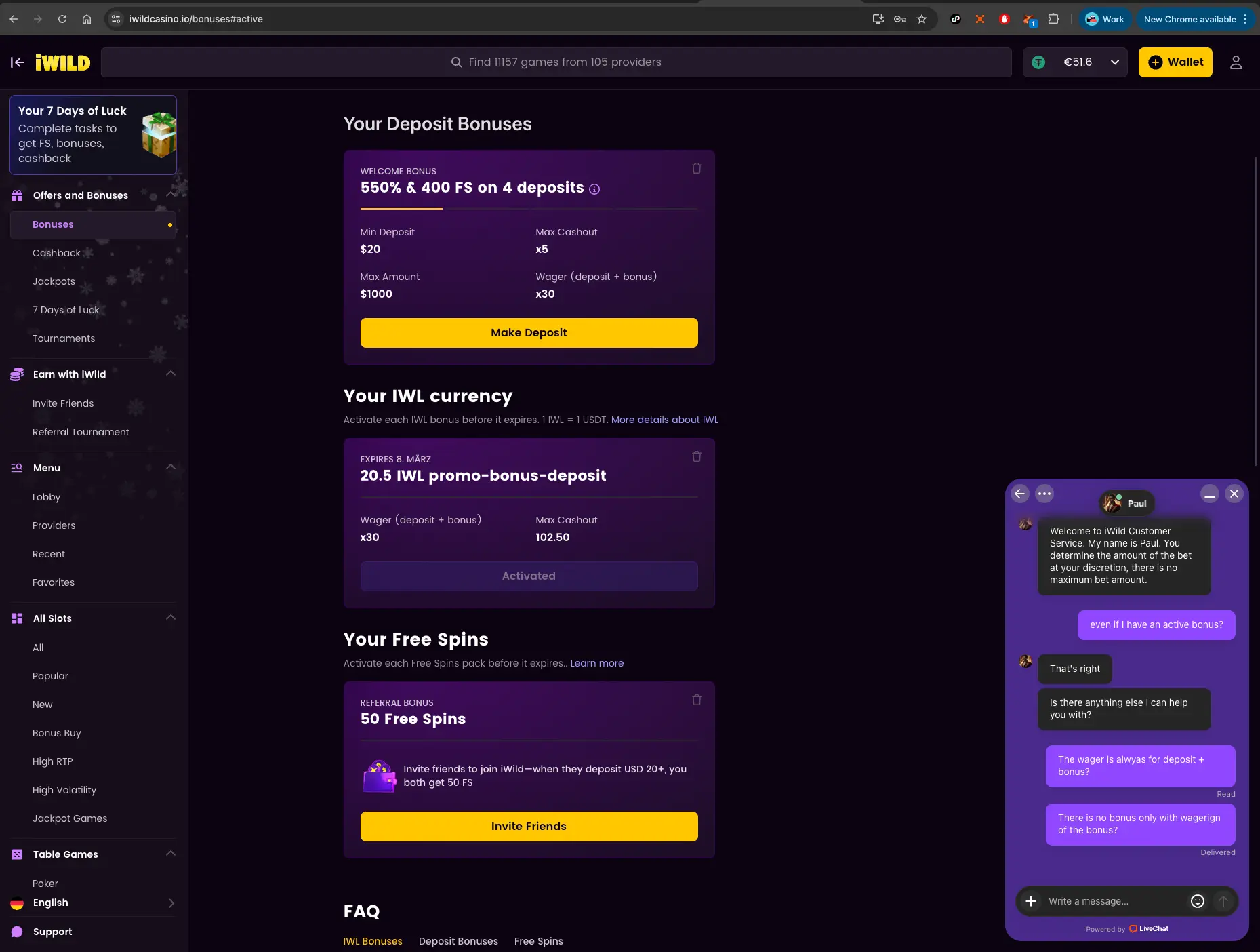 iWild casino bonus page screen with live chat