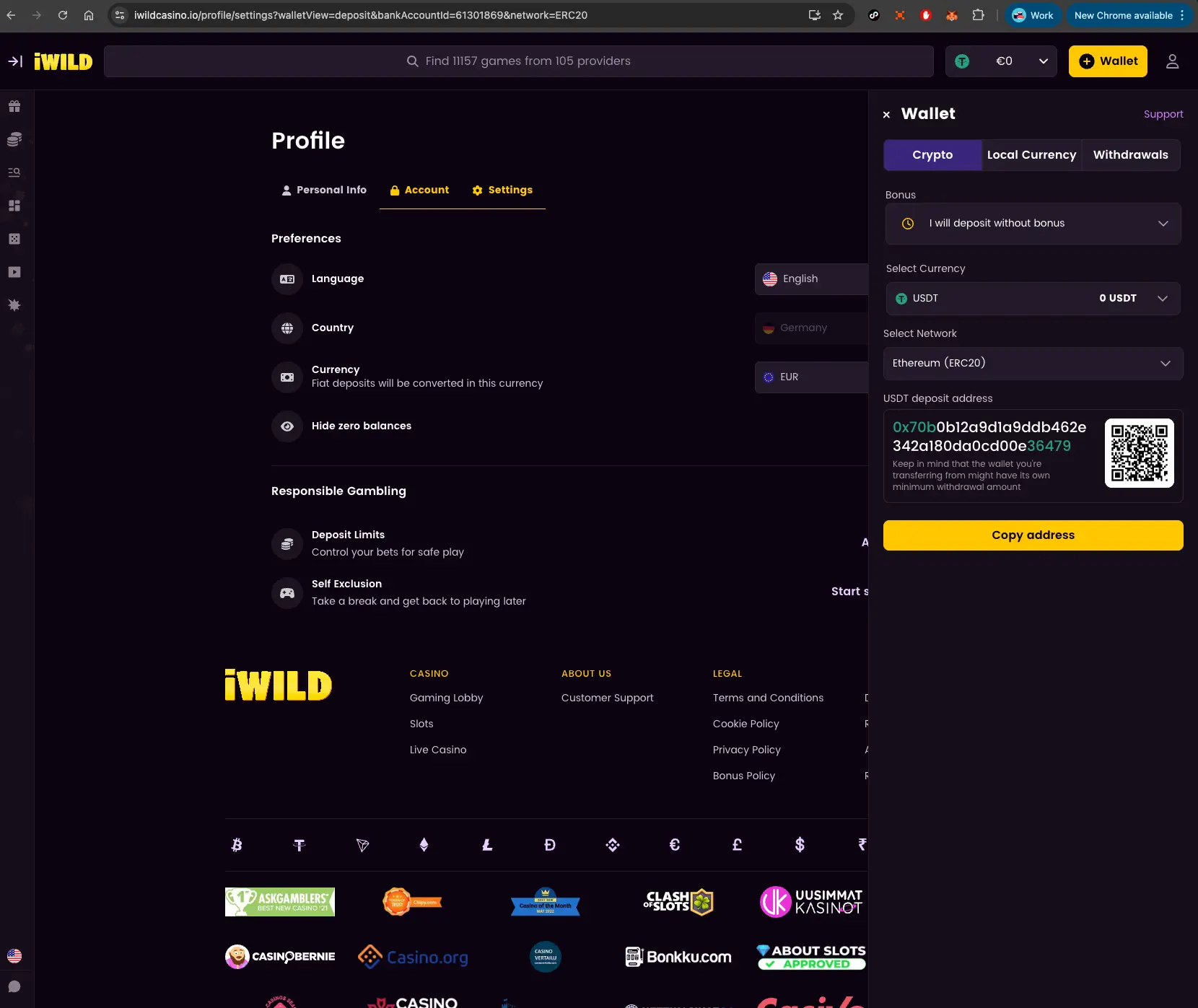 iWild casino crypto payment screen