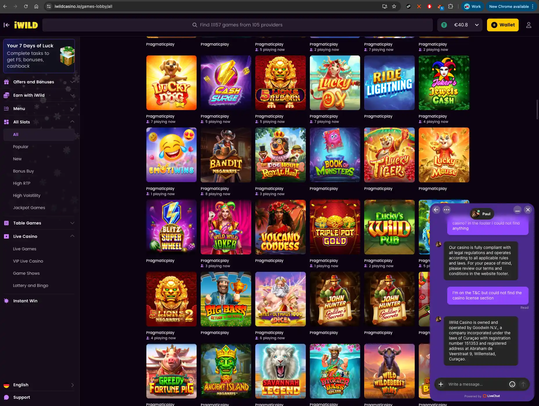 iWild casino games screen
