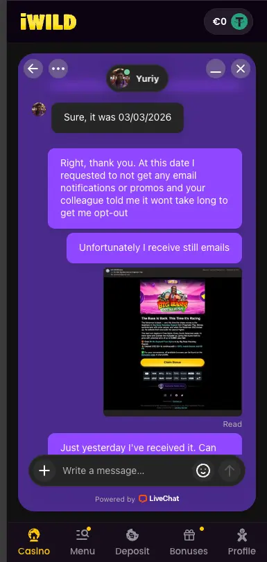 iWild casino live chat screen