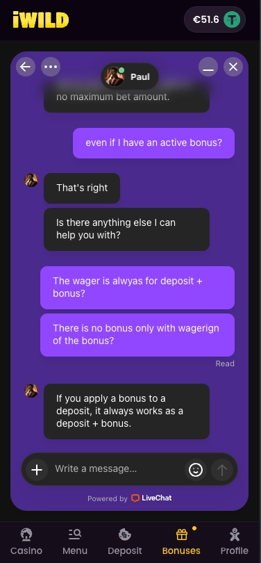 iWild casino live chat screen