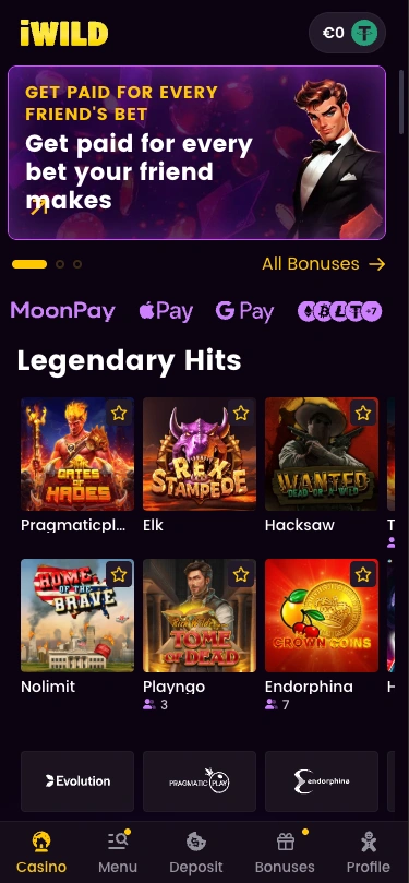 iWild casino homepage screen