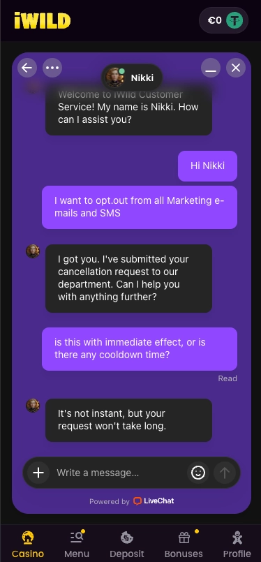iWild casino live chat screen