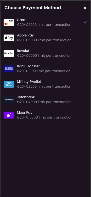 iWild casino payment method screen