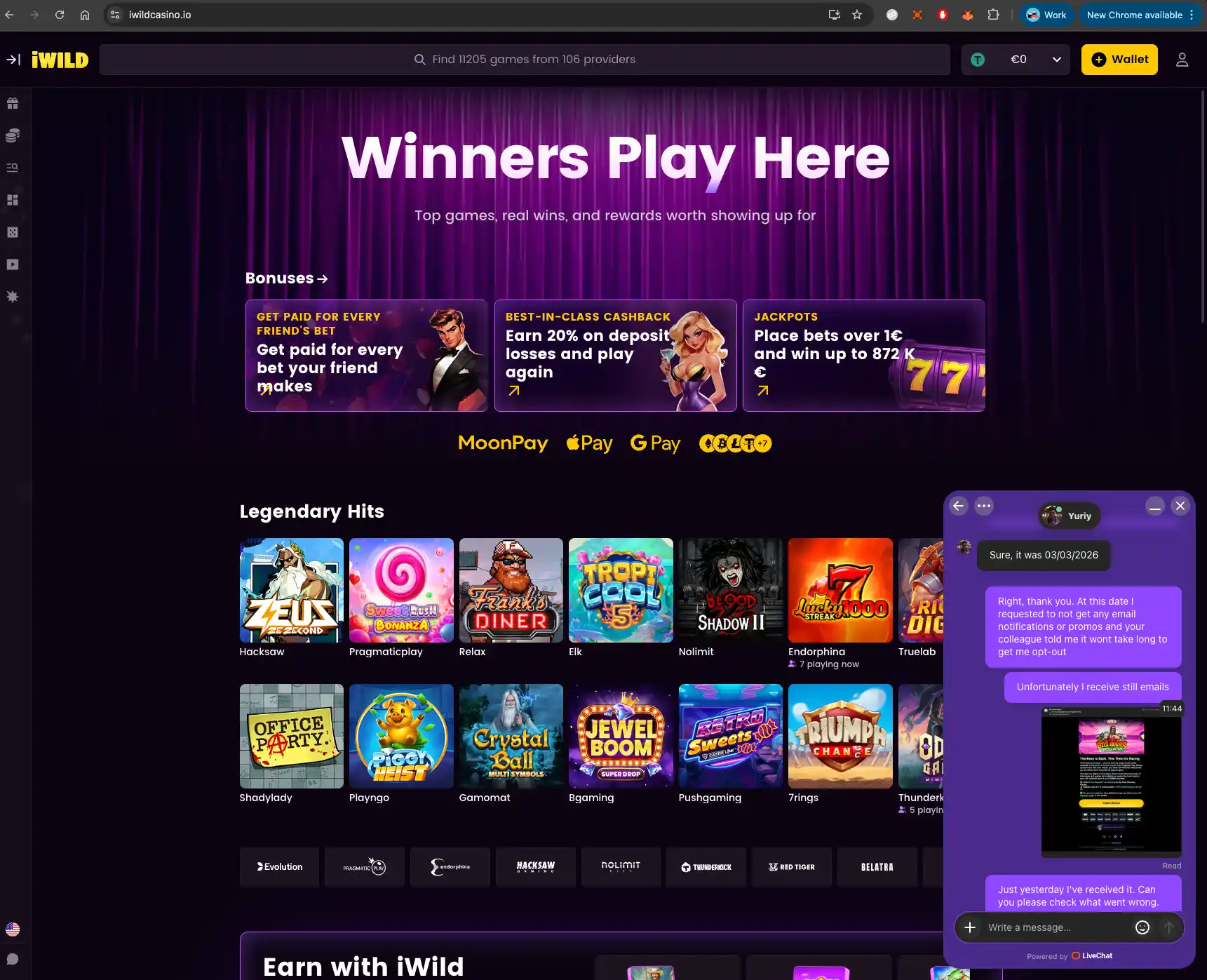 iWild casino homepage screen