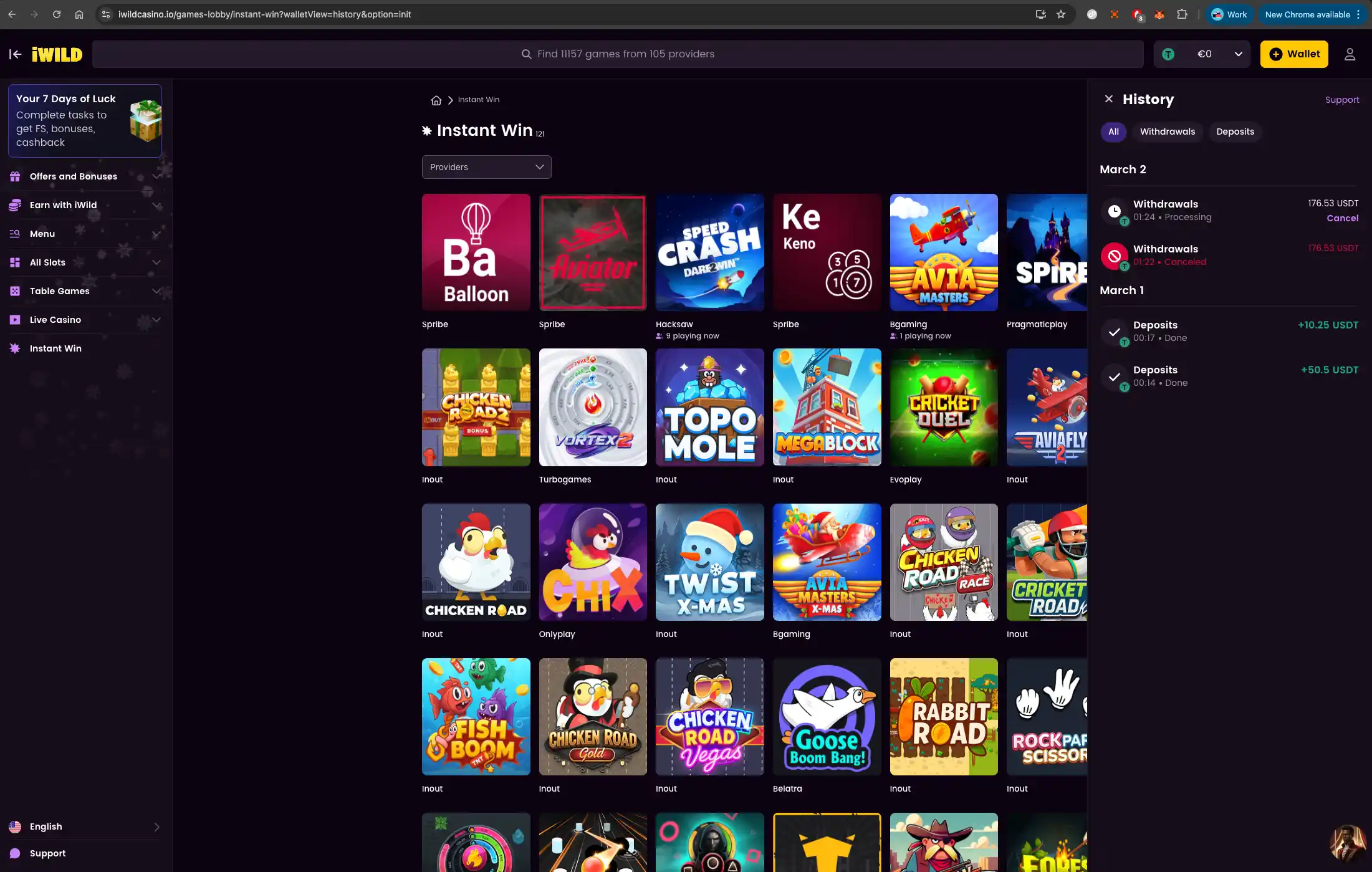 iWild casino payment history screen