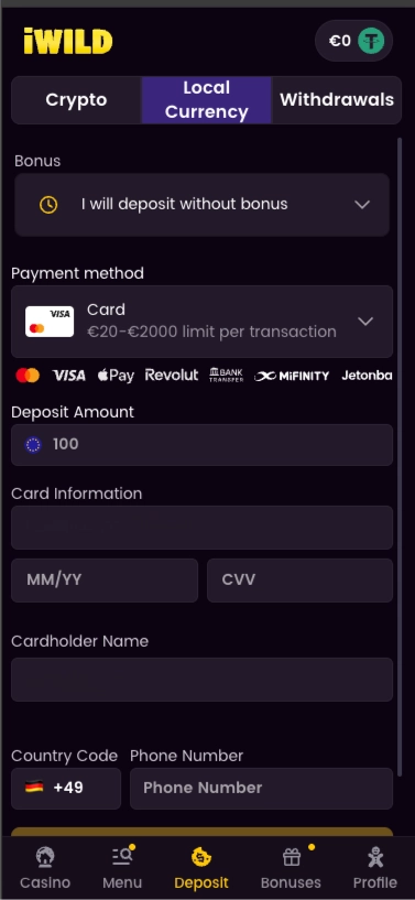 iWild casino payment screen