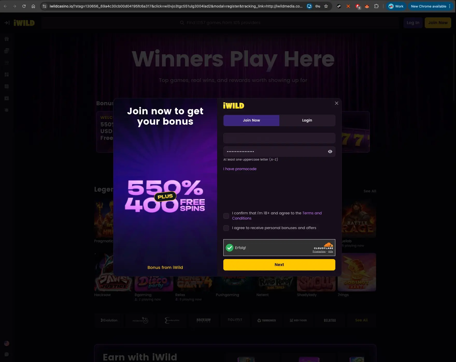 iWild casino register screen