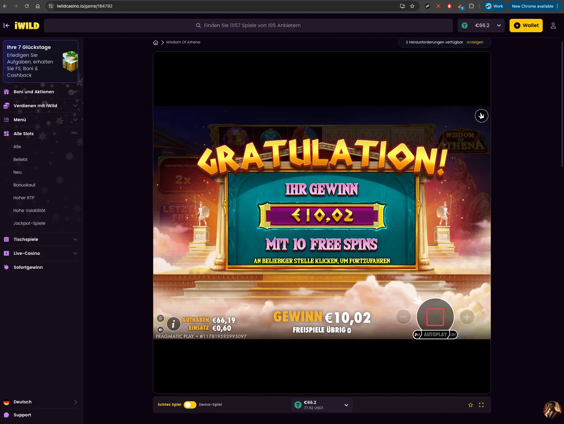 iWild casino slot game win screen