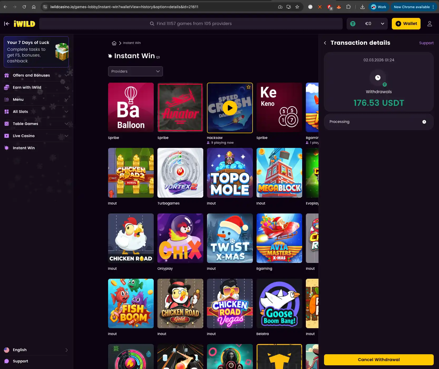 iWild casino transaction details screen