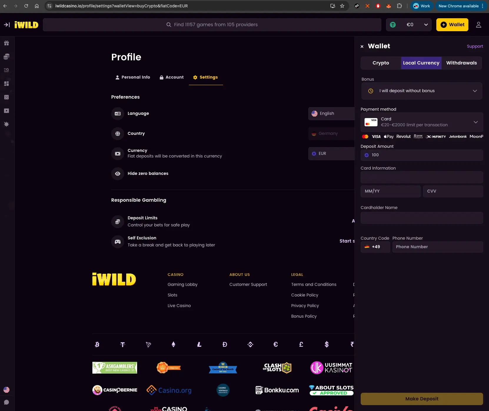 iWild casino wallet screen