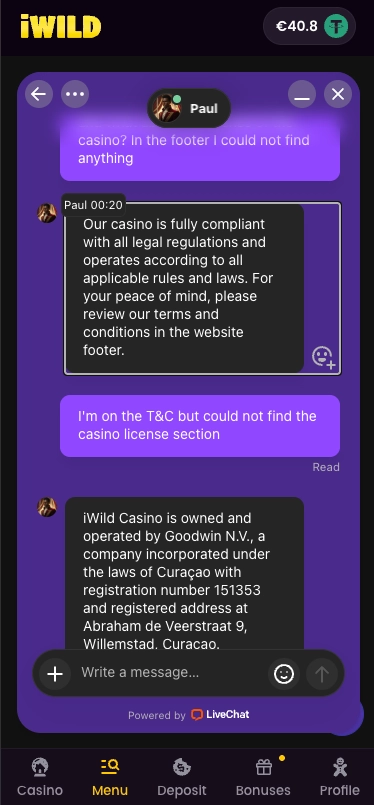 iWild casino live chat about licence information