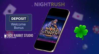 Word of Thot on a phone with a clover, Jade Rabbit logo, and a deposit button.