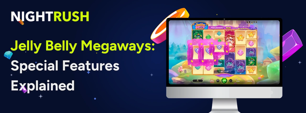 Laptop showing Jelly Belly Megaways slot gameplay and text on a blue background.