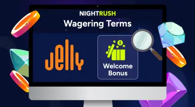 Wagering terms and the Jelly Entertainment logo with the casino items on a starry background.