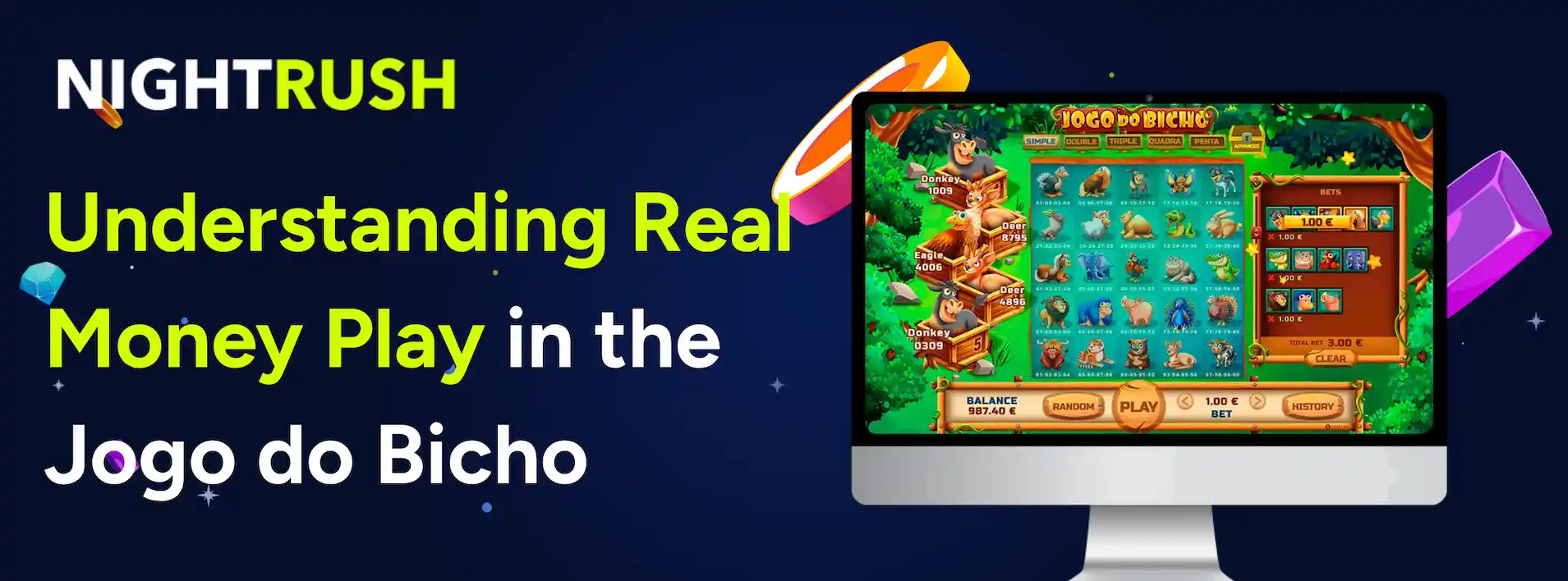 Laptop showing Jogo Do Bicho gameplay & text on a blue background.