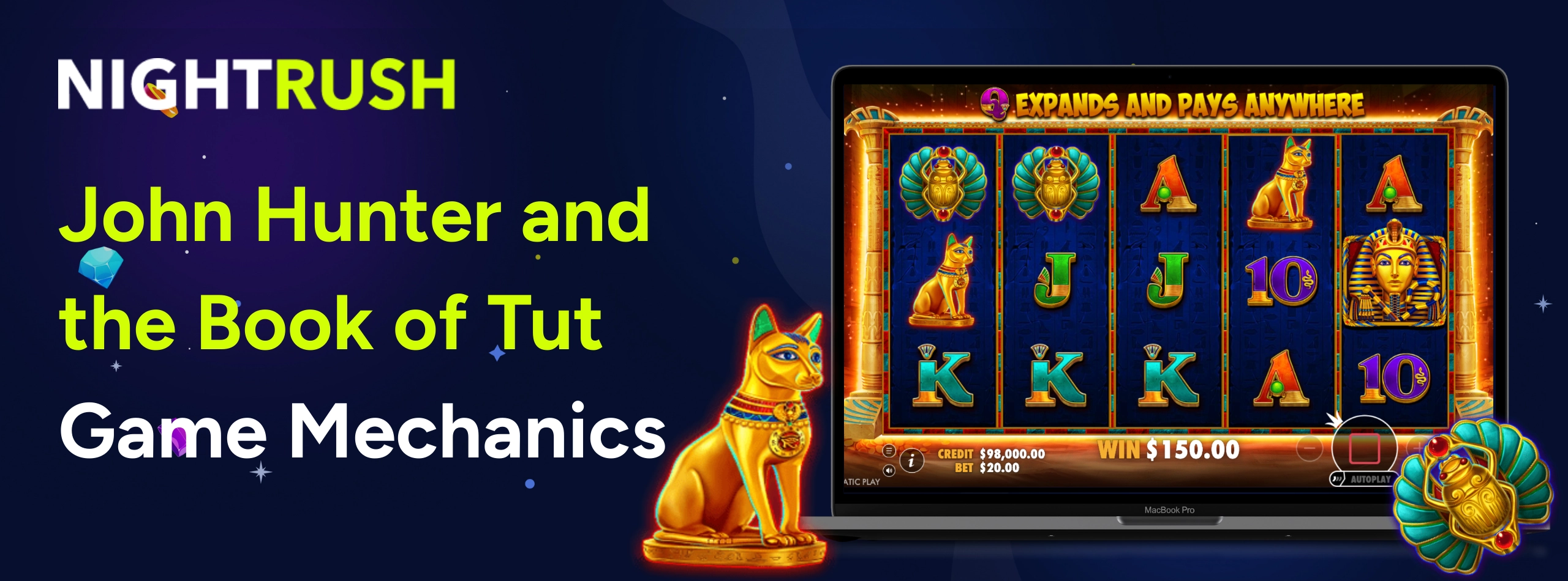 Laptop screen displaying Egyptian-themed slot reels with a golden cat statue in the foreground.
