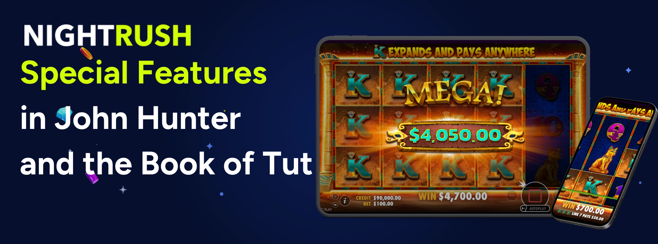 Tablet and phone displaying a $4,050.00 mega win on an Egyptian-themed slot game.