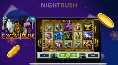 Laptop screen displaying the Excalibur slot game next to characters from the game and gold coins.