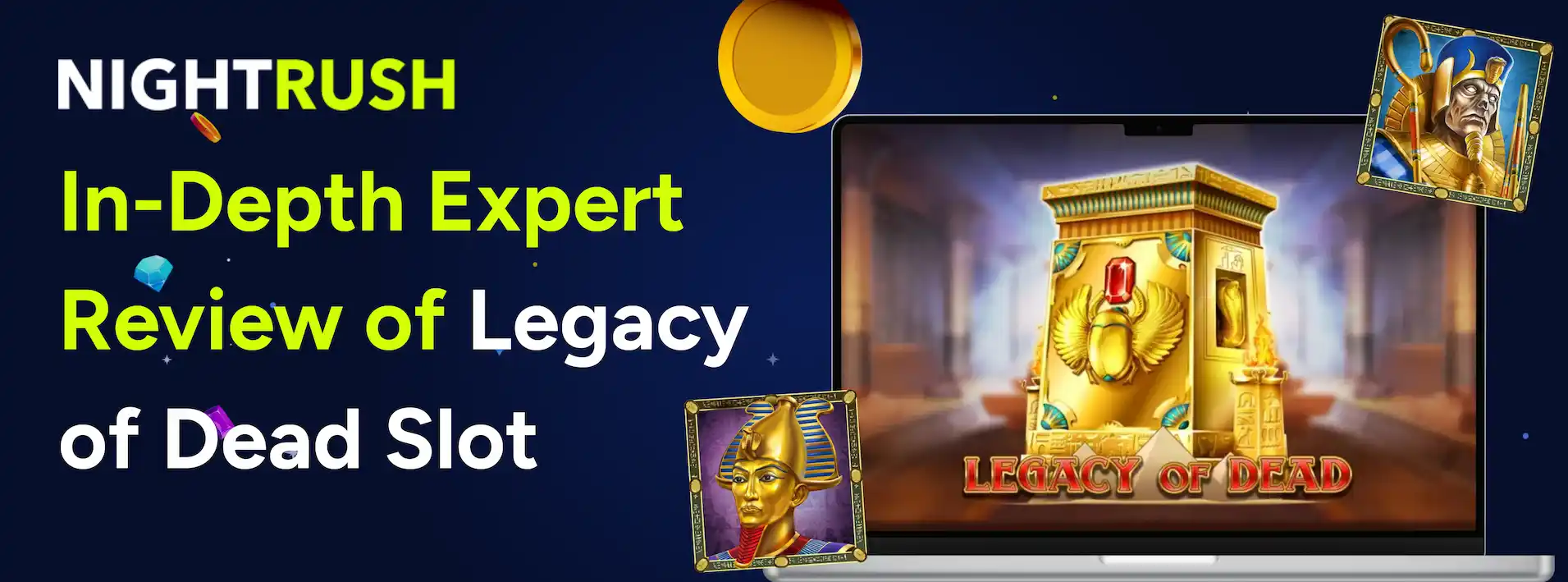 In-Depth Expert Review of Legacy of Dead Slot with symbols on a laptop against a dark banner.
