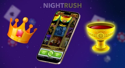 Smartphone displaying the Excalibur slot game on a blue background next to a floating gold chalice.